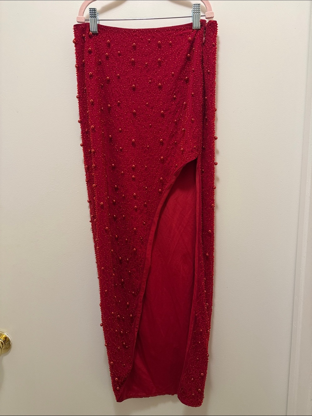Oh Polly Bordeaux Embellished Maxi Skirt Red Pearl Beaded Slit